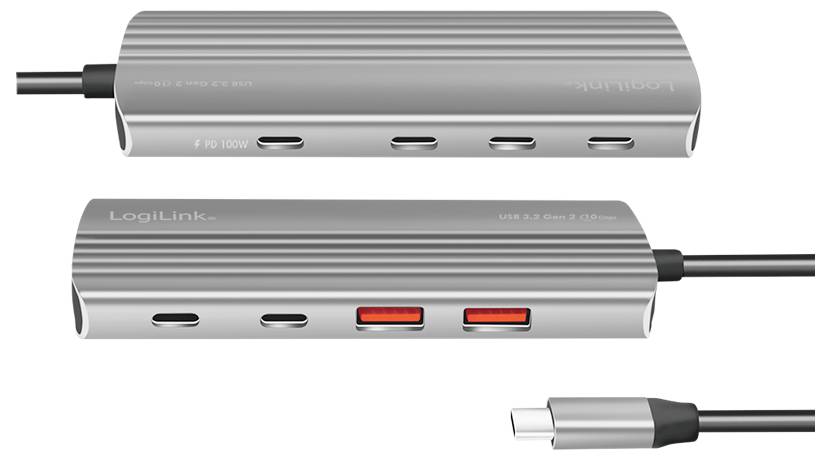 Un hub USB-C argenté avec plusieurs ports, dont des ports USB-C et USB-A. Principalement utilisé pour le transfert de données.