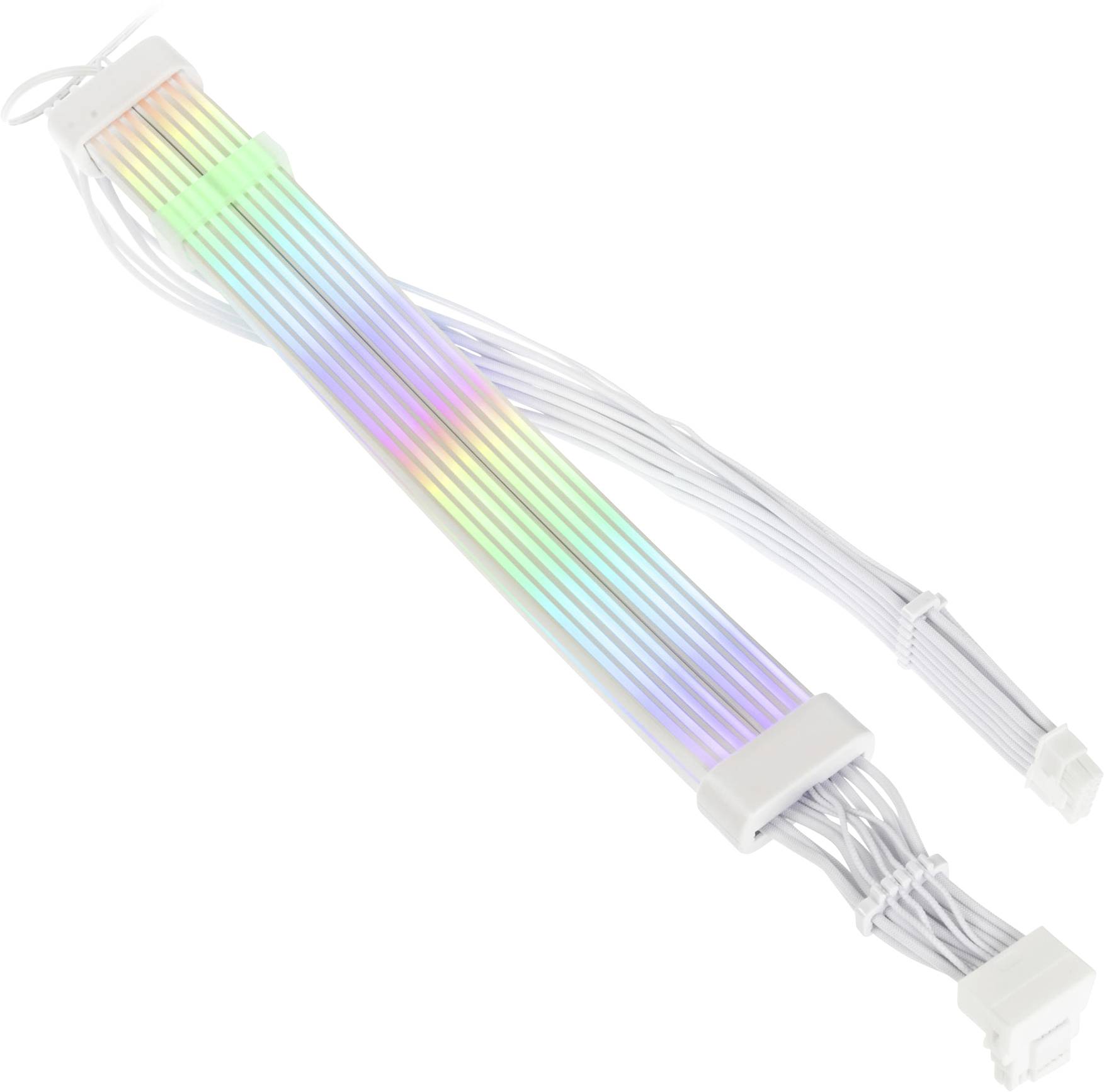 Câble RGB multicolore lumineux avec connecteurs aux deux extrémités, utilisé pour améliorer l'esthétique visuelle à l'intérieur des boîtiers d'ordinateur.