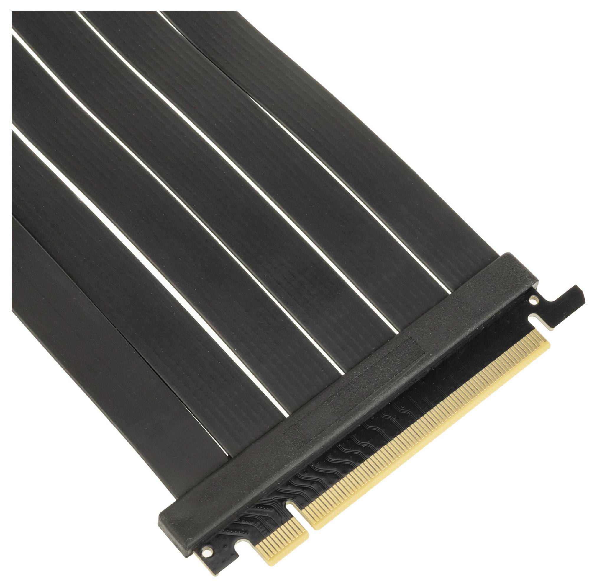 Un câble élévateur noir et plat avec connecteur PCIe, utilisé pour étendre la position de la carte graphique dans un ordinateur.