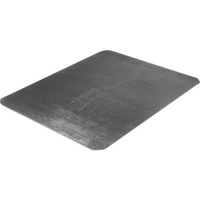 Plaque plate, rectangulaire, en métal argenté avec des coins biseautés, utilisée comme plaque de cuisson ou plaque de conduction thermique.