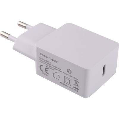 Un chargeur USB blanc avec une fiche européenne. Caractéristiques techniques : Entrée 100-240 V, Sortie 5 V/3 A, 9 V/2,22 A, 12 V/1,67 A.