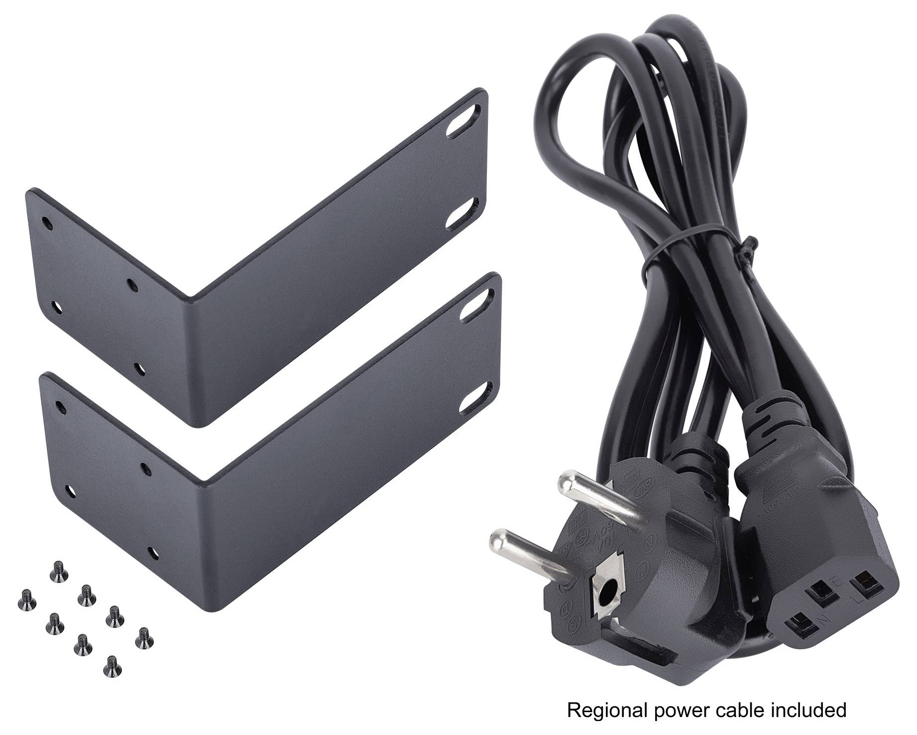 Deux supports noirs en forme de L, des vis et un câble réseau régional avec une fiche et une prise sont représentés.