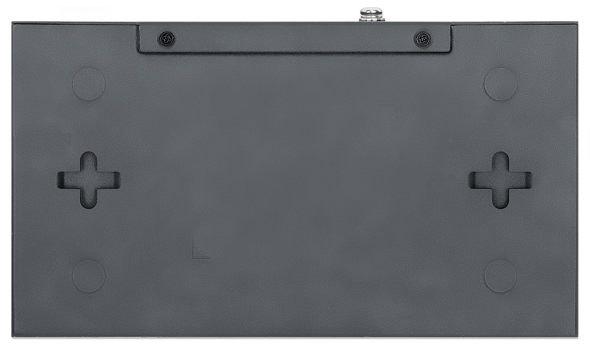 'Face arrière rectangulaire grise d'un appareil électronique avec des vis et des points de fixation aux coins.'