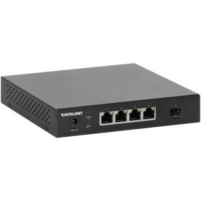 Commutateur réseau noir Intellinet avec quatre ports Ethernet et un port SFP, adapté aux environnements de bureau.