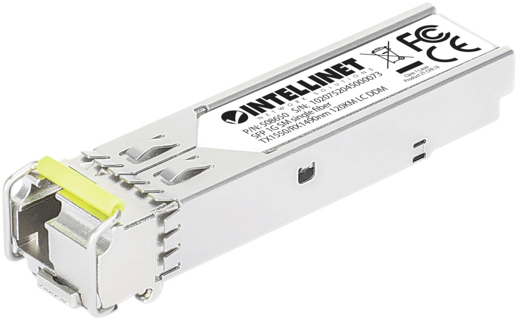 Un module SFP d'Intellinet avec un loquet jaune. Il est conçu pour être utilisé dans du matériel réseau et présente divers logos de certification.