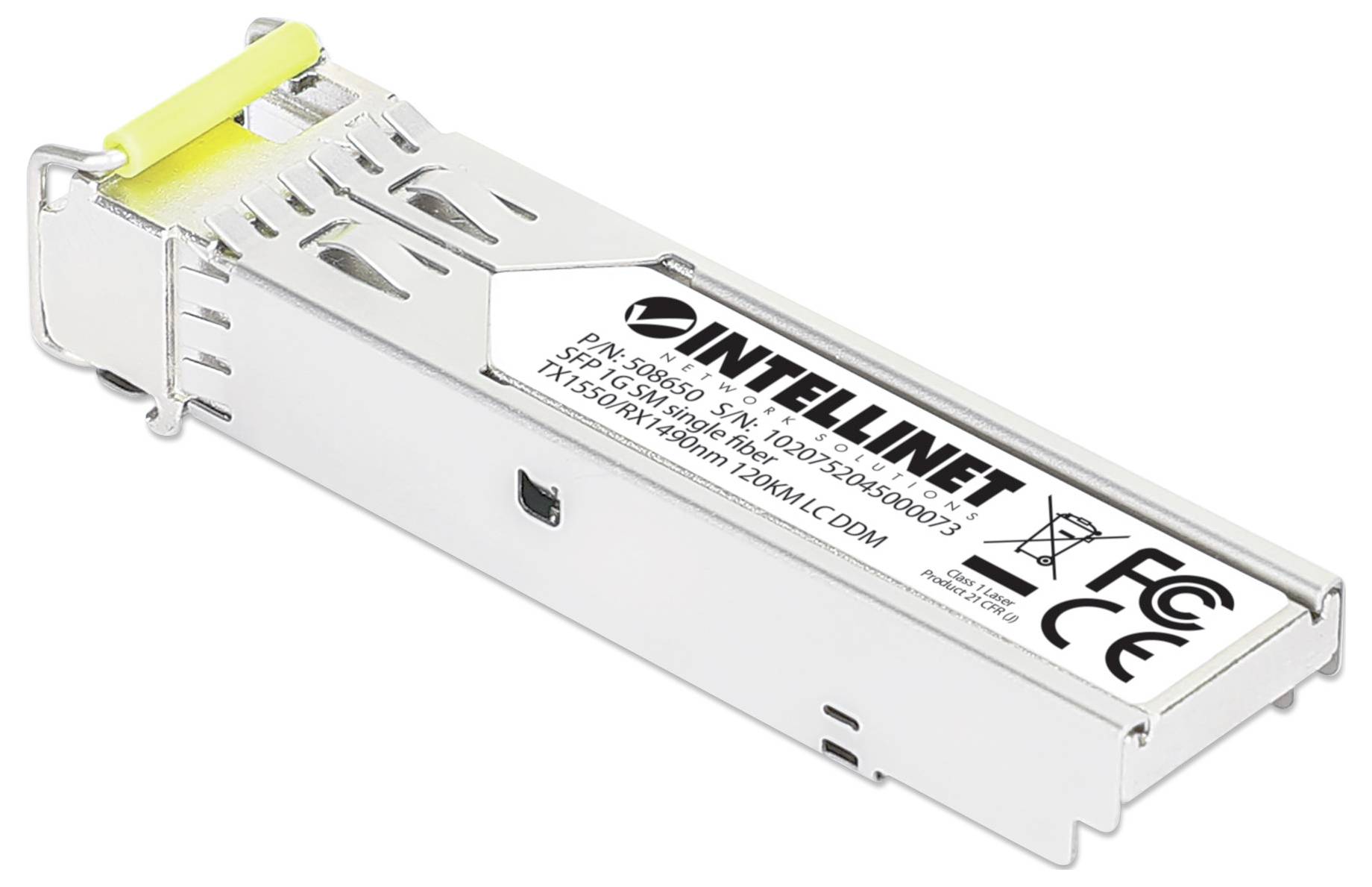 Un module SFP portant l'inscription 'Intellinet', adapté aux câbles à fibre optique, prenant en charge jusqu'à 1550 nm et doté des certifications FCC et CE.