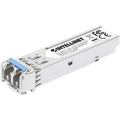 Un module SFP Intellinet argenté avec un capot bleu, étiqueté avec des données techniques et des marquages CE et FCC.