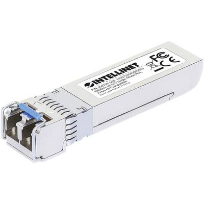 Un module SFP argenté de Intellinet avec des connexions à fibre optique et des informations techniques sur l'étiquette.