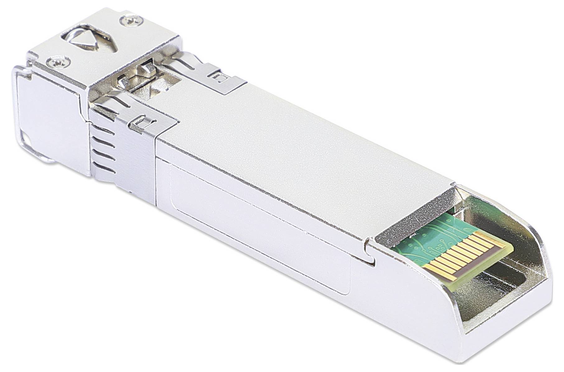 'Petit connecteur réseau rectangulaire métallique avec bornes de circuit imprimé visibles, utilisé pour le transfert de données dans les réseaux informatiques.'