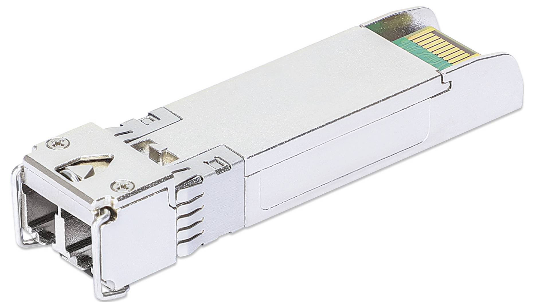 Un connecteur de module SFP argenté pour les connexions réseau, montré en gros plan, avec les broches de connexion visibles sur un côté.