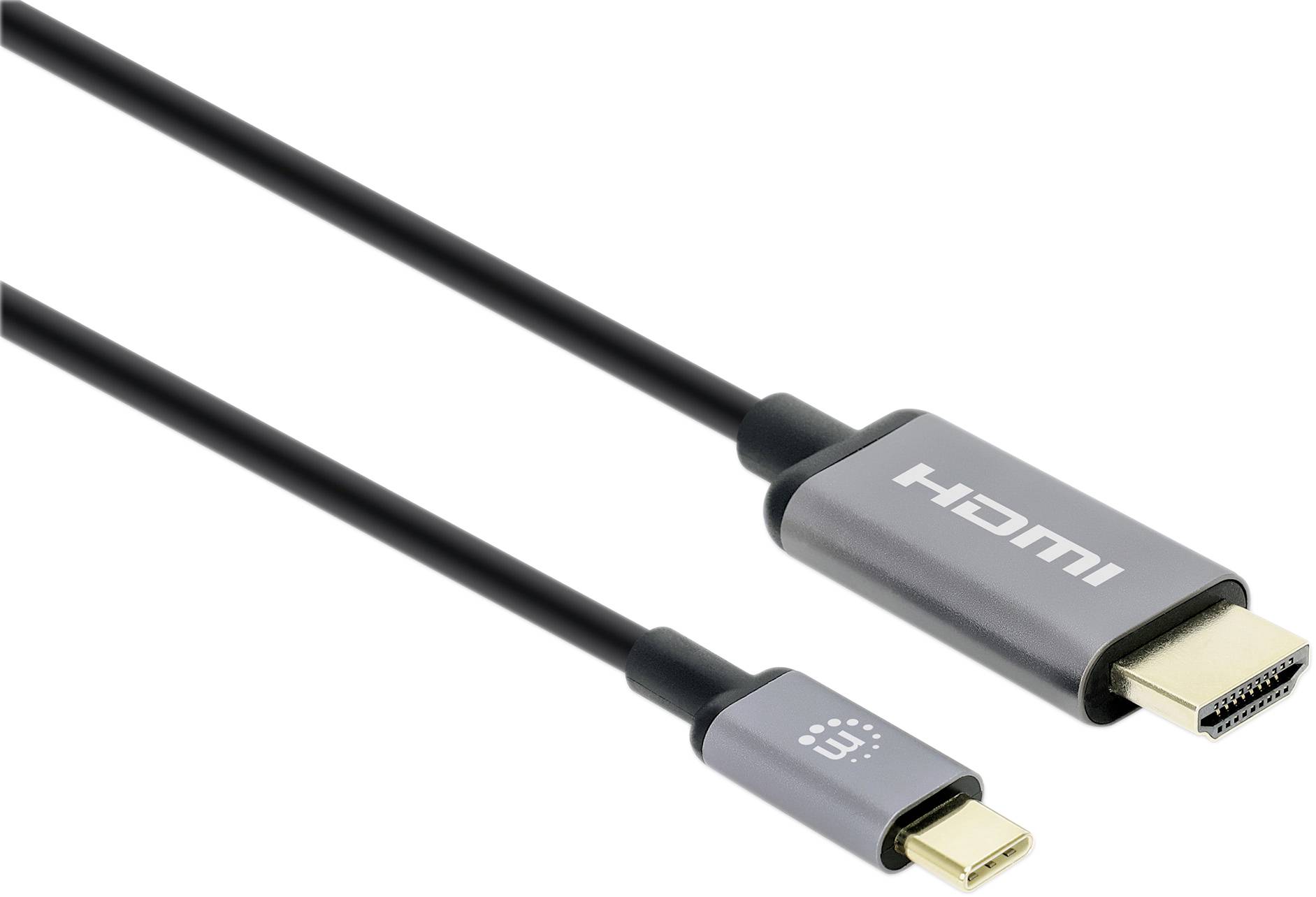 Un câble HDMI noir avec une fiche HDMI à une extrémité et une fiche USB-C à l'autre, adapté pour la connexion d'appareils.