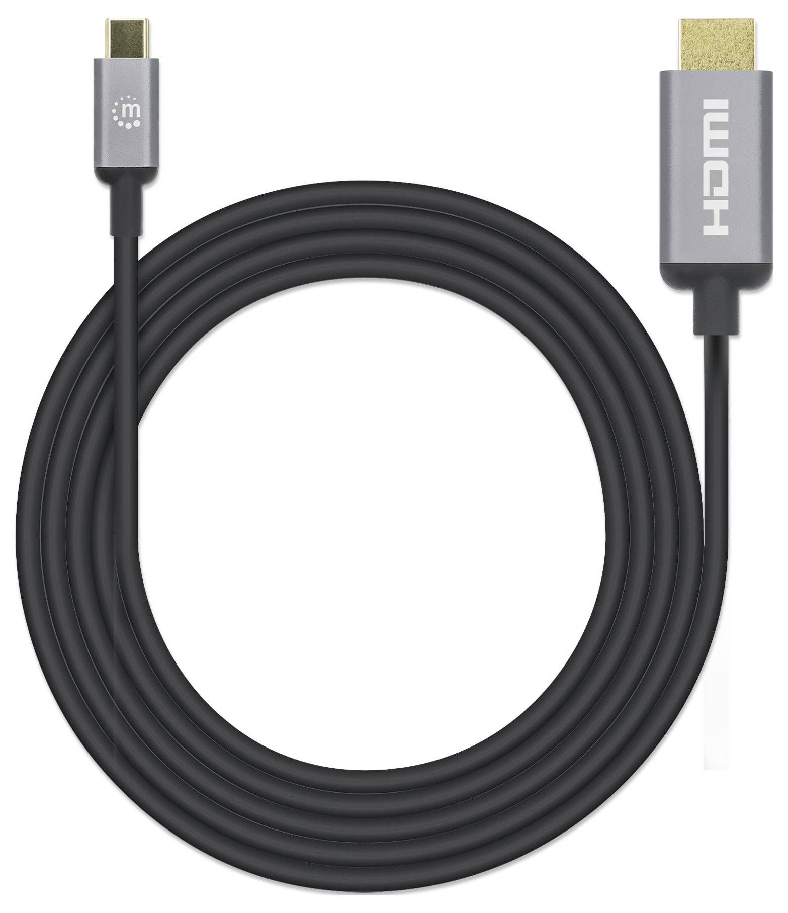 Un câble HDMI noir avec des connecteurs métalliques. À gauche, un connecteur micro, à droite un connecteur HDMI standard, typiquement utilisé pour les connexions vidéo.
