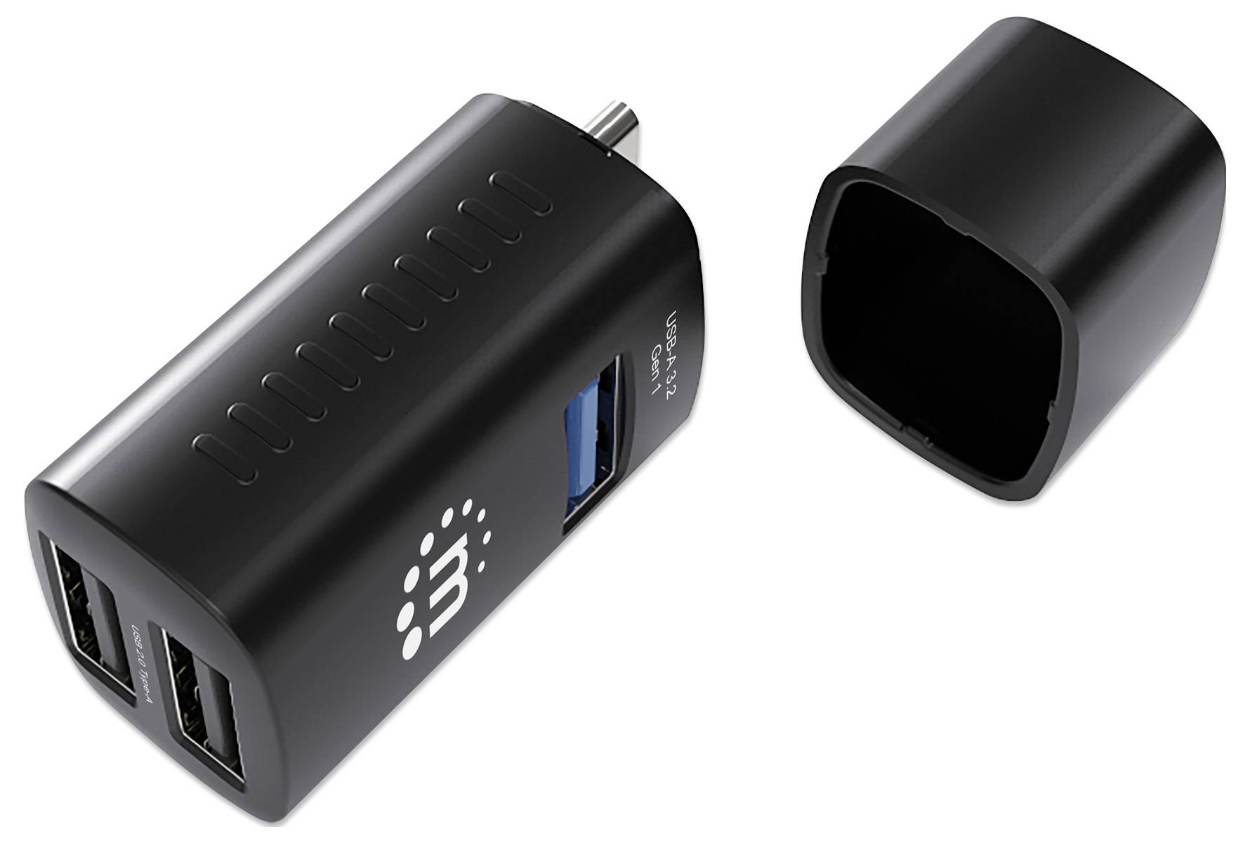 Chargeur USB noir avec trois ports USB et unité de coque amovible.