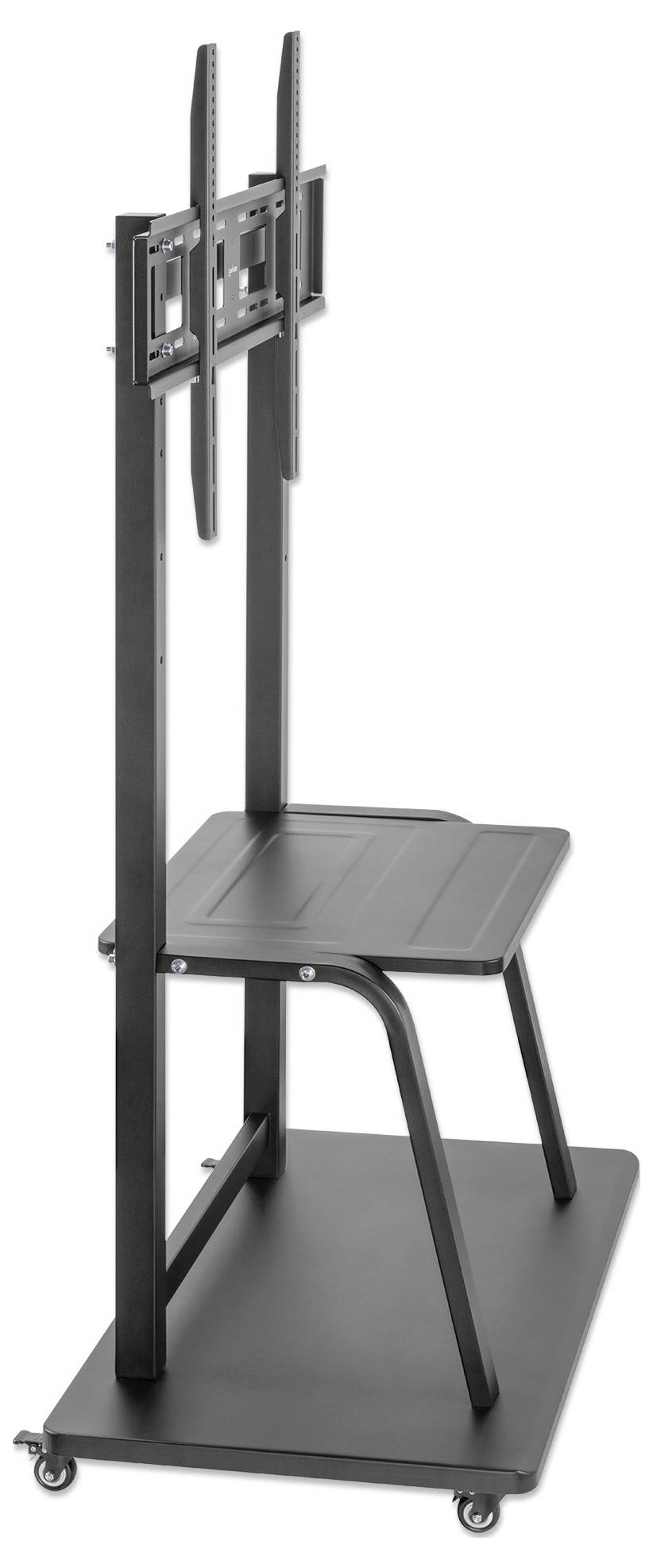Un support de télévision mobile avec un cadre en métal, réglable en hauteur, monté sur roulettes. Idéal pour les présentations et l'aménagement flexible des espaces.