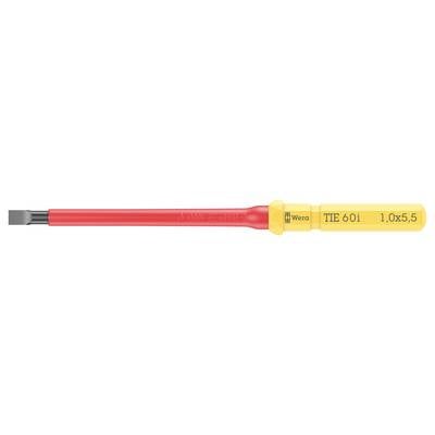 Un tournevis avec poignée rouge et isolation jaune, marqué 'THE 601, 1.0x5.5'.