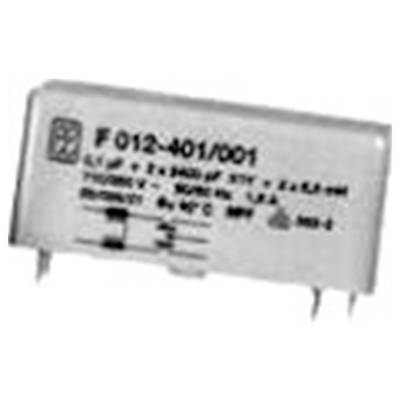 Condensateur portant l'inscription 'F 012-401/001', avec des spécifications techniques et des symboles, adapté aux circuits électroniques.