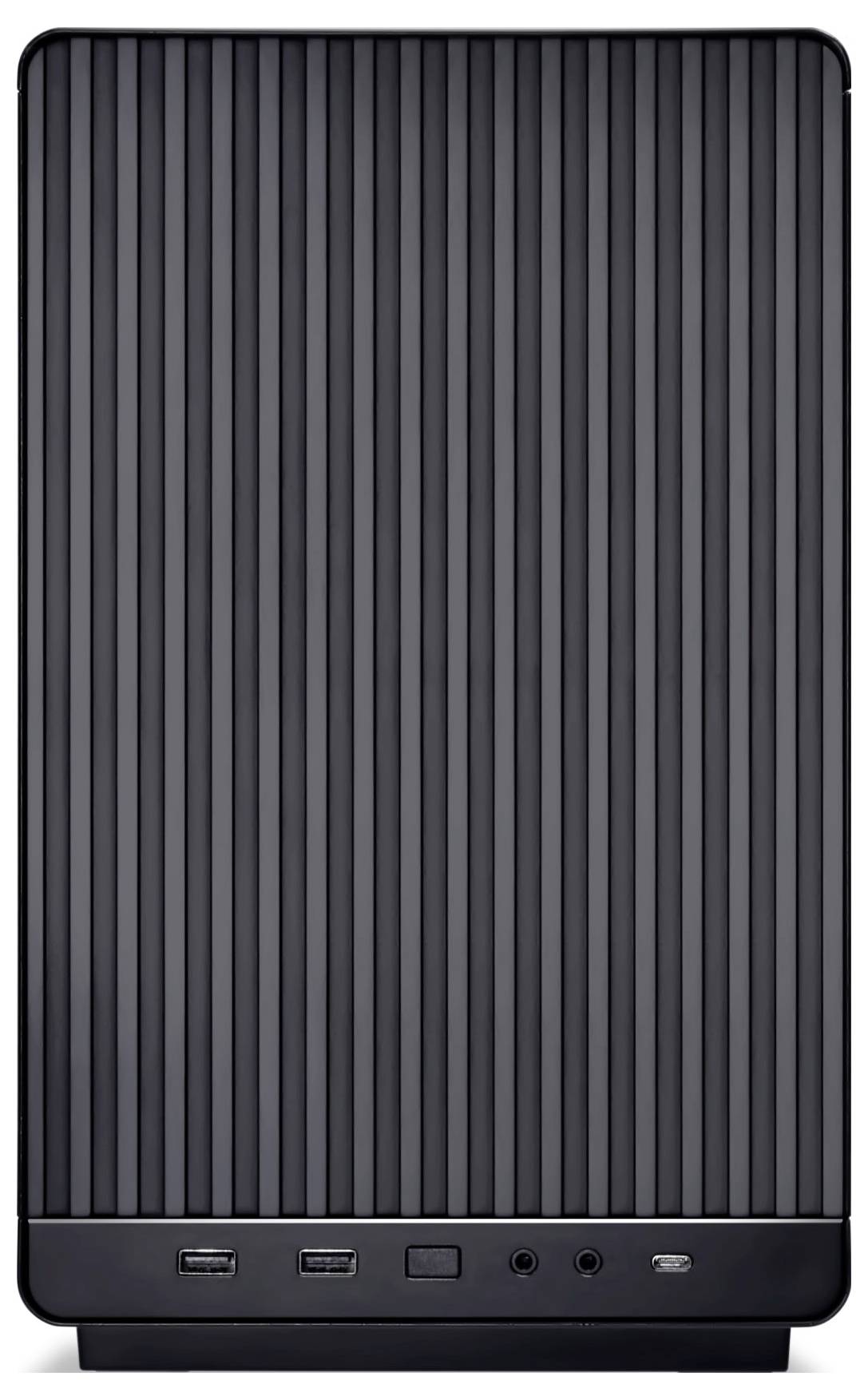 Boîtier d'ordinateur noir, lignes verticales sur la façade, plusieurs ports en bas : ports USB, prises audio et un interrupteur d'alimentation.