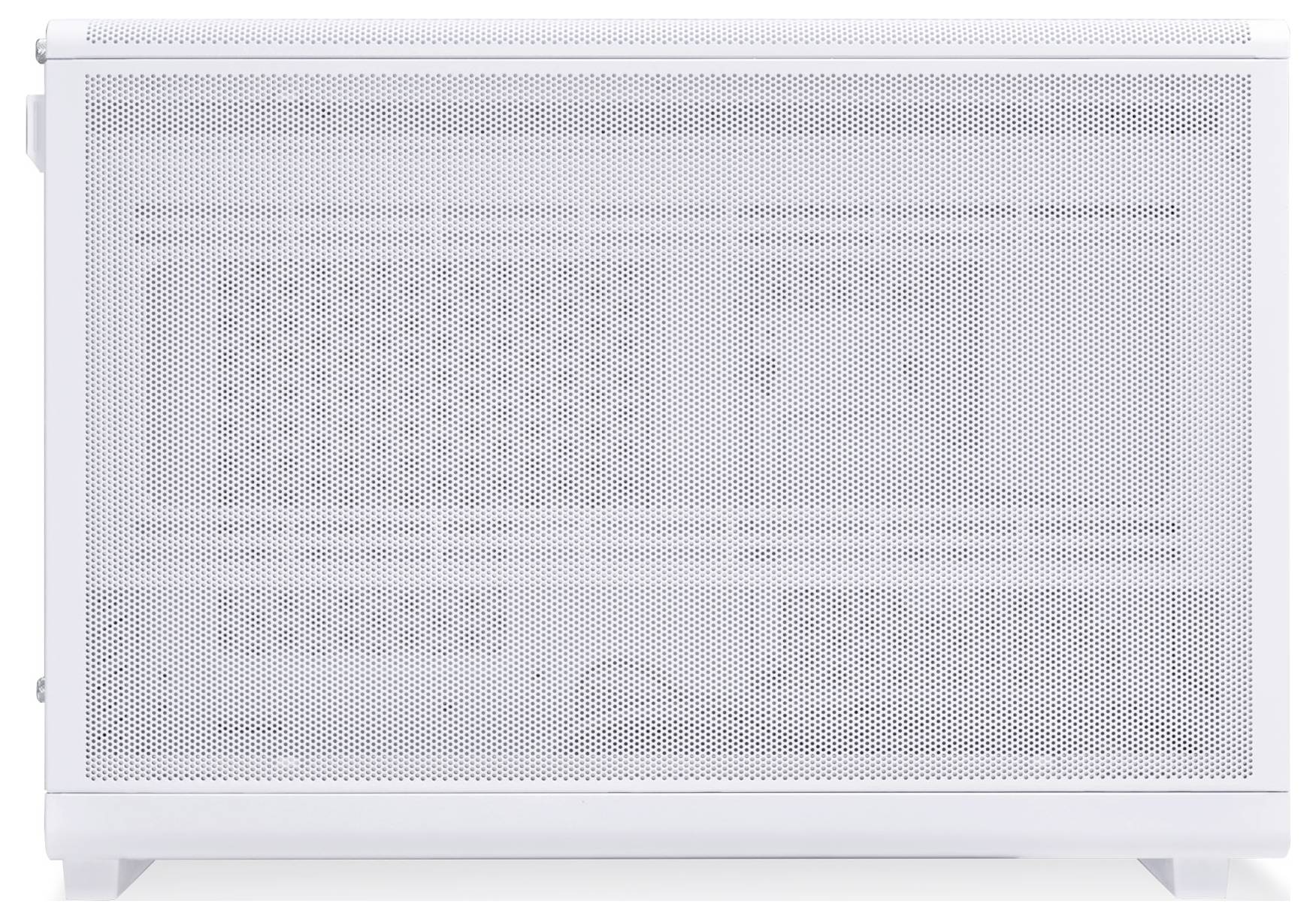 Vue latérale d'un boîtier d'ordinateur blanc avec un design en grille, montrant des fentes de ventilation et l'espace intérieur ; adapté pour le montage de composants PC.