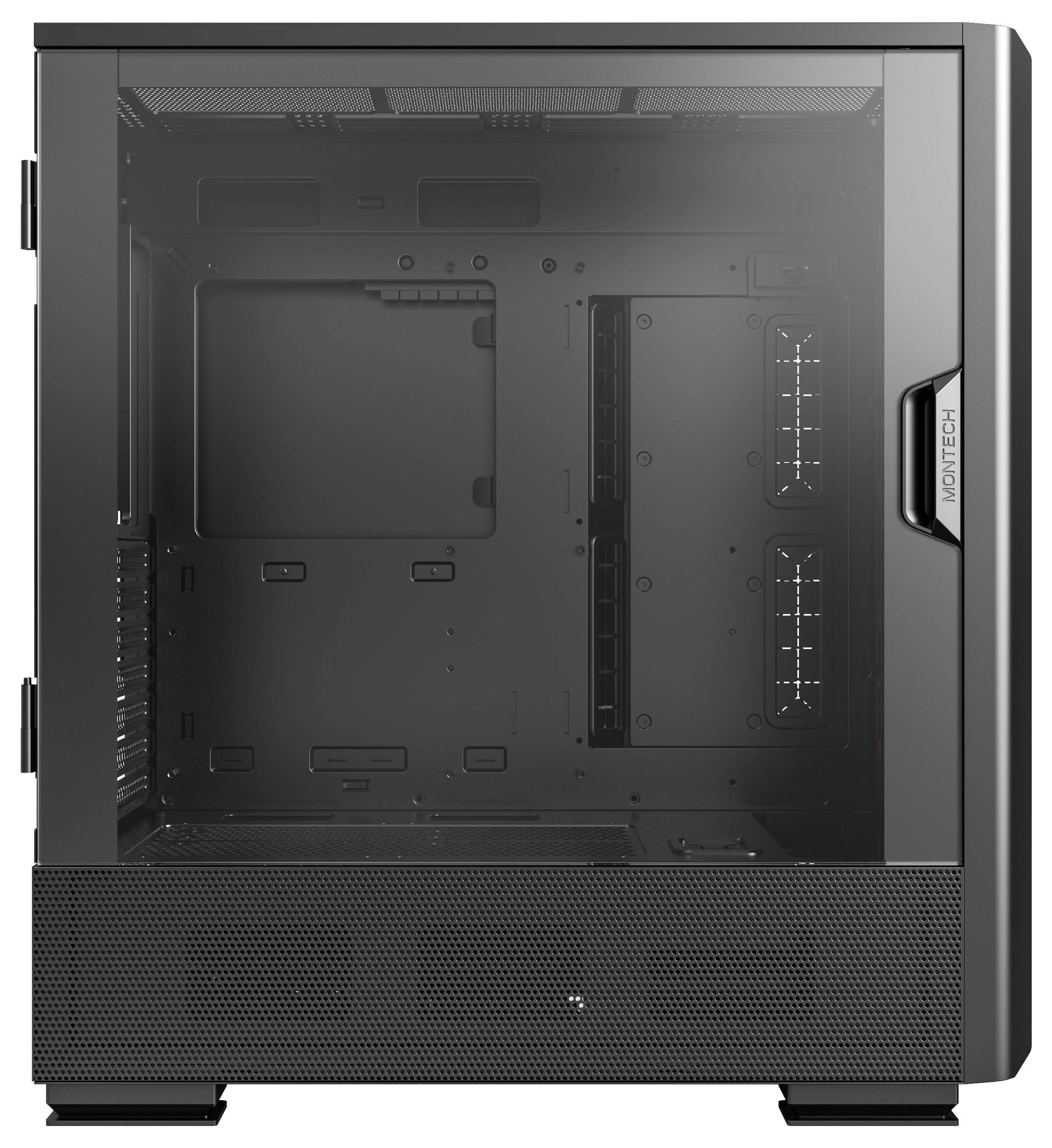 Boîtier d'ordinateur noir sans composants visibles, avec un panneau latéral transparent et des grilles de ventilation à la base.