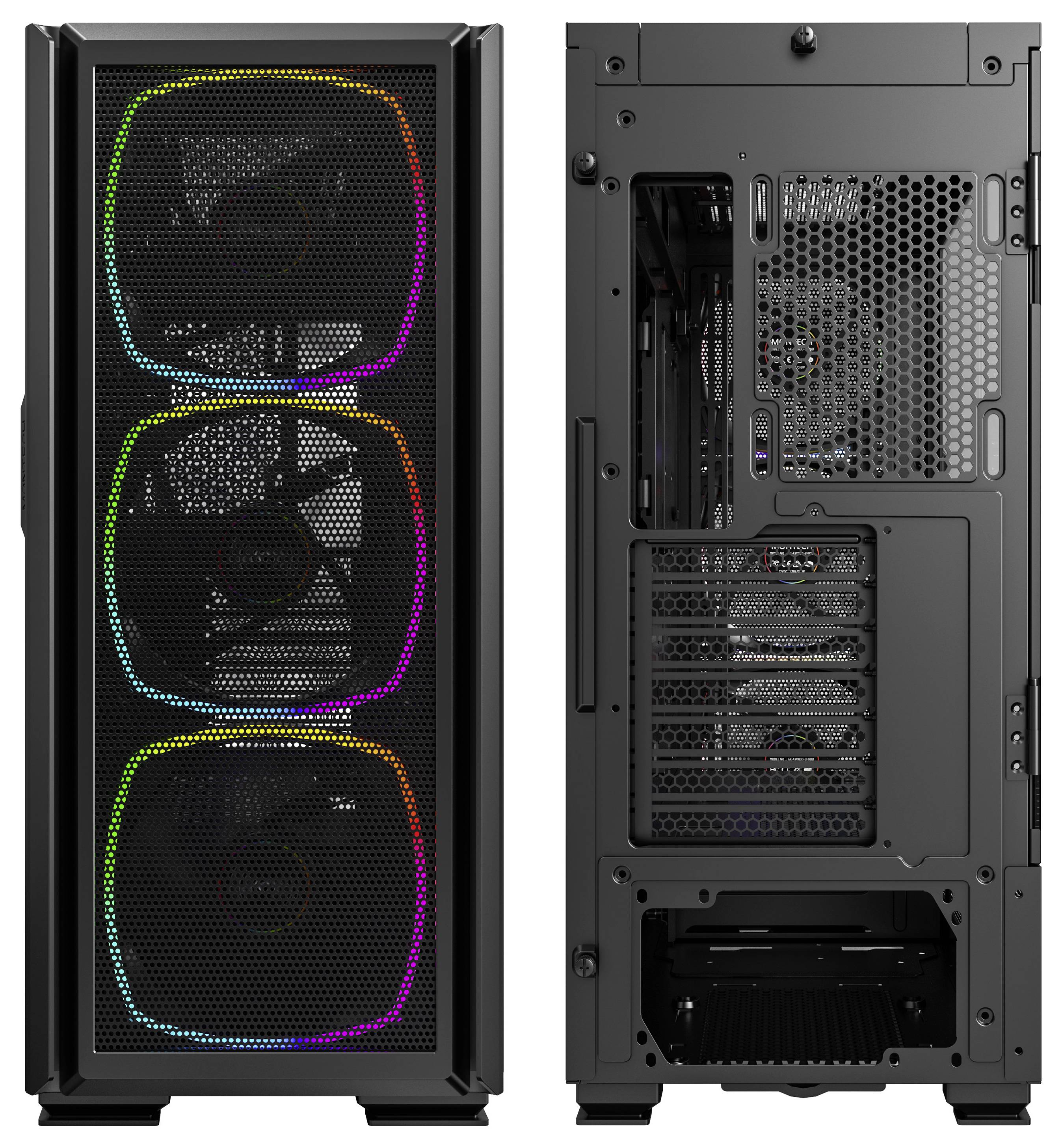 'Boîtier PC en métal noir, face avant avec trois ventilateurs RGB, face arrière montrant les circuits internes et les emplacements d'extension.'
