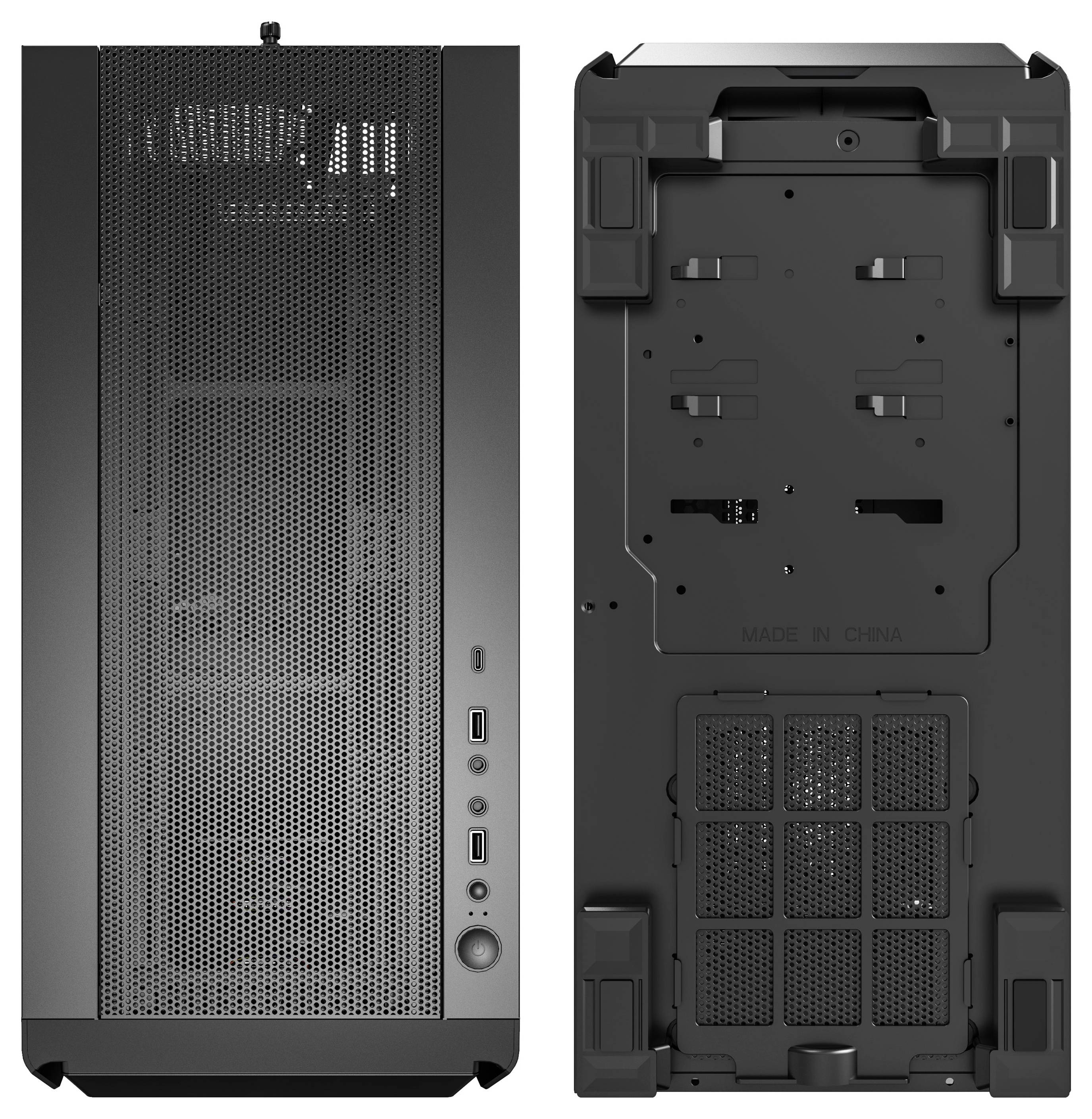 Le boîtier PC montre la face avant et inférieure avec des connexions secteur, des ports USB et des ouvertures de ventilation.