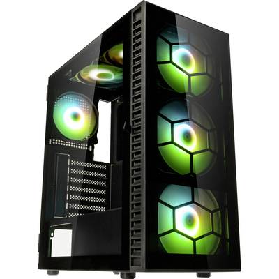 Un boîtier d'ordinateur avec des côtés transparents dévoile des ventilateurs colorés et lumineux. Il met en valeur un design moderne et une ventilation adaptée aux PC de gaming.