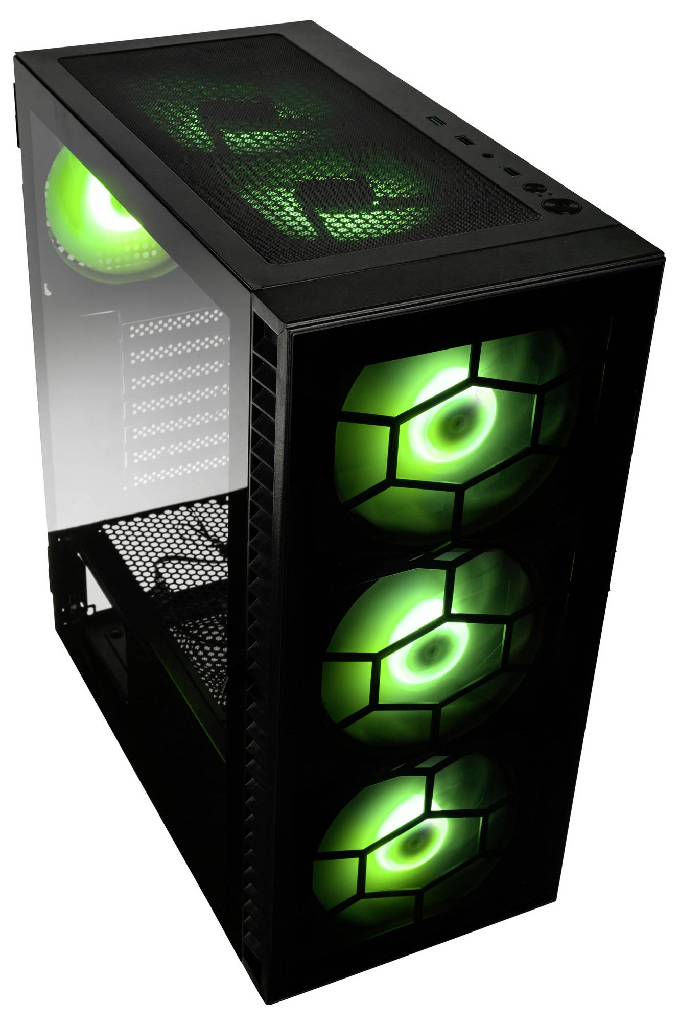 Un boîtier d'ordinateur avec trois ventilateurs verts éclairés à l'avant et un à l'arrière, adapté pour le refroidissement et le design.