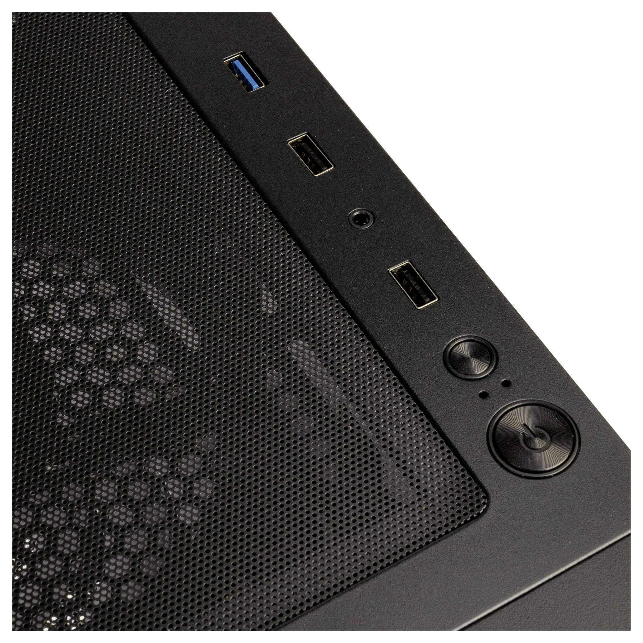 Surface supérieure d'un boîtier d'ordinateur avec ports USB, prise audio et bouton d'alimentation visibles.