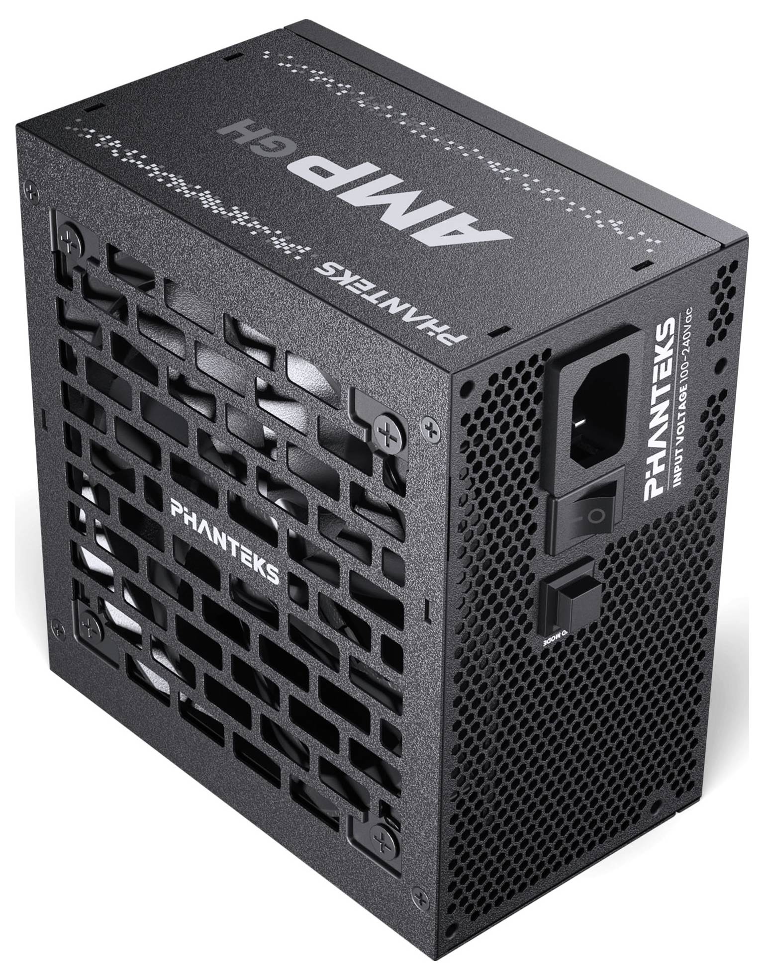 Bloc d'alimentation Phanteks AMP GH noir avec grille de ventilation et interrupteur marche-arrêt, adapté aux boîtiers d'ordinateur.
