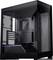 Boîtier PC noir avec paroi latérale en verre et éléments RVB, ouvert et vide, offrant de l'espace pour la carte mère, les disques durs et autres composants.