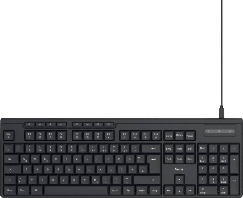 Clavier d'ordinateur noir avec disposition allemande, montrant les touches de fonction, le pavé numérique et les touches multimédia en haut.