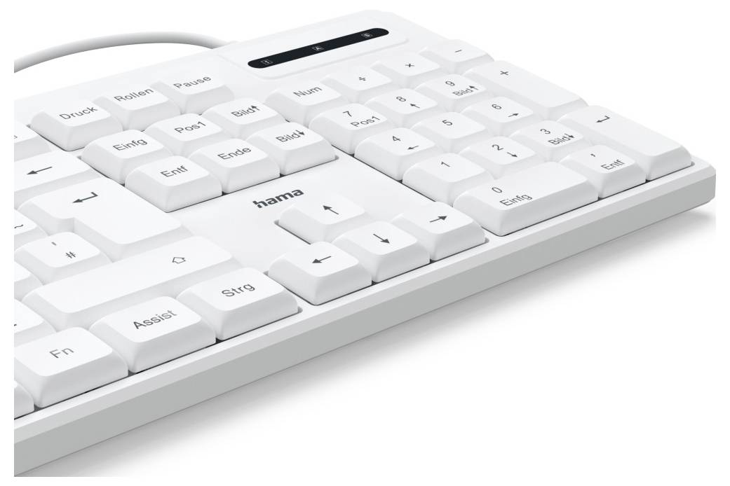 Clavier blanc avec des touches larges. Les touches portent des inscriptions noires bien lisibles. Conçu pour une visibilité et une utilisation simples.