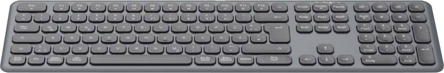 Un clavier sans fil noir avec un layout complet, incluant le pavé numérique, idéal pour les travaux de bureau.