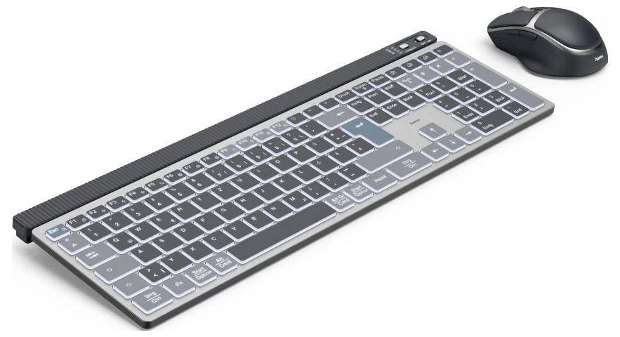 Clavier sans fil avec touches transparentes et souris assortie sur fond blanc, illustrant un design moderne et épuré.
