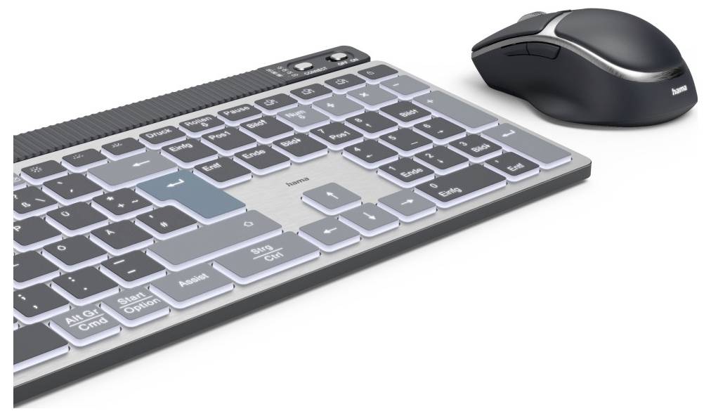 Clavier et souris sans fil sur fond blanc. Le clavier présente des inscriptions spéciales sur ses touches.