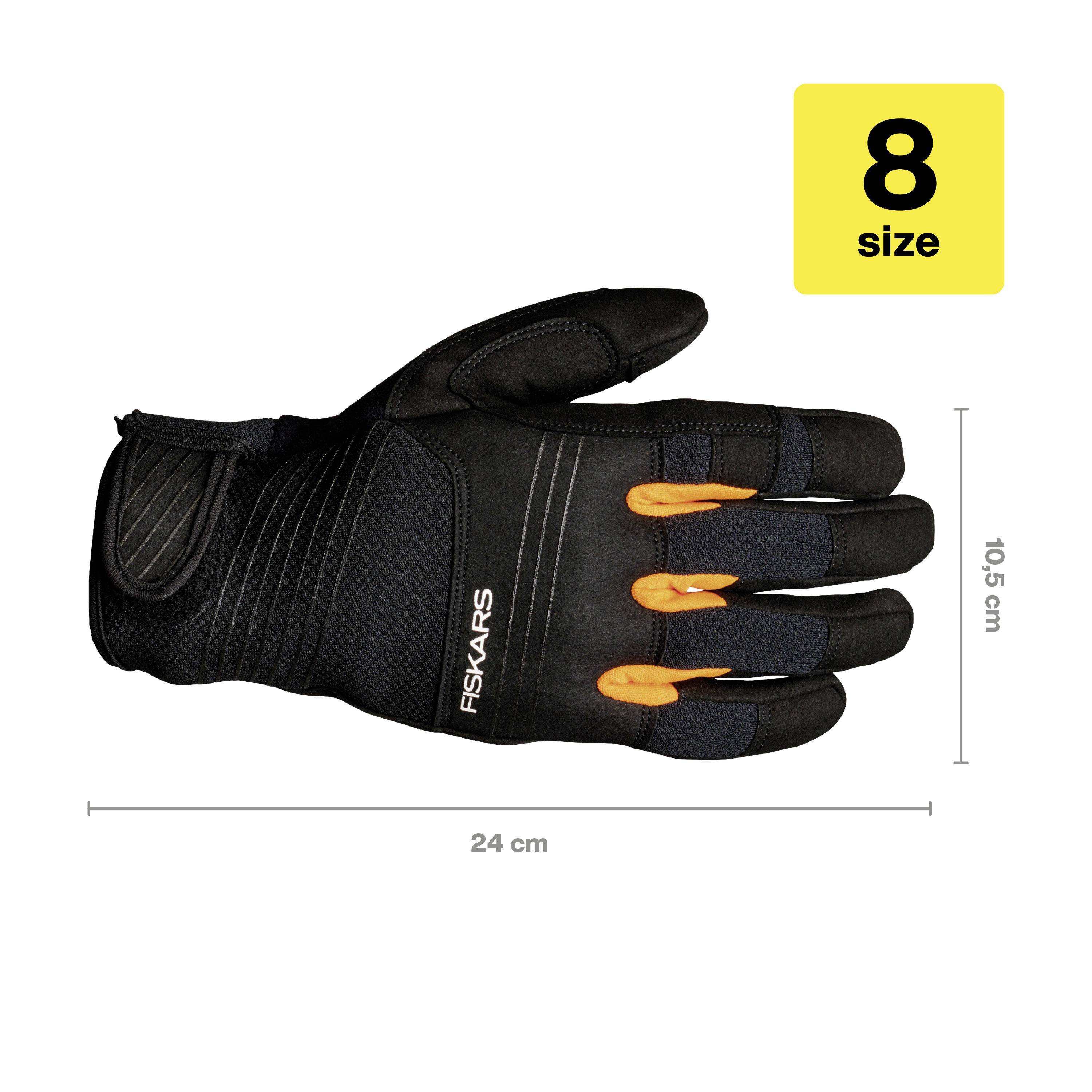 Un gant de travail noir avec des détails orange, taille 8, est posé à plat. À côté, une indication de taille : 24 cm de long, 10,5 cm de large.