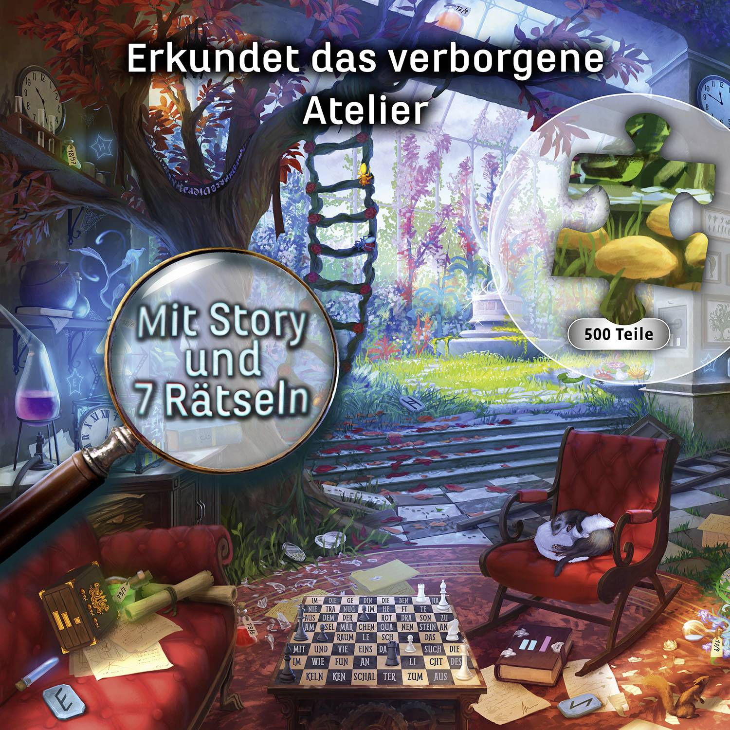 Un atelier coloré avec un jardin tortueux et des éléments de mystère cachés. Invitant à la découverte et à la résolution d'énigmes.