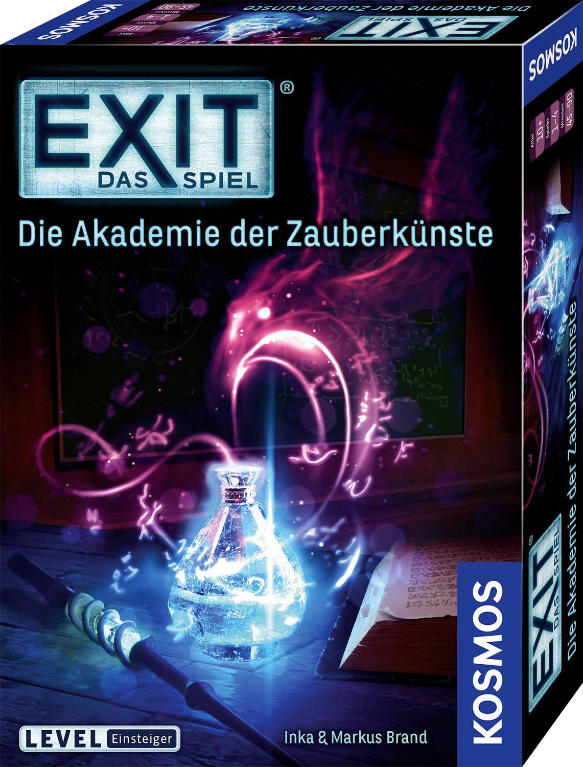 Emballage de jeu pour 'EXIT - Le Jeu : L'Académie des Arts Magiques'. Des symboles magiques brillent autour d'un livre et d'une bouteille.