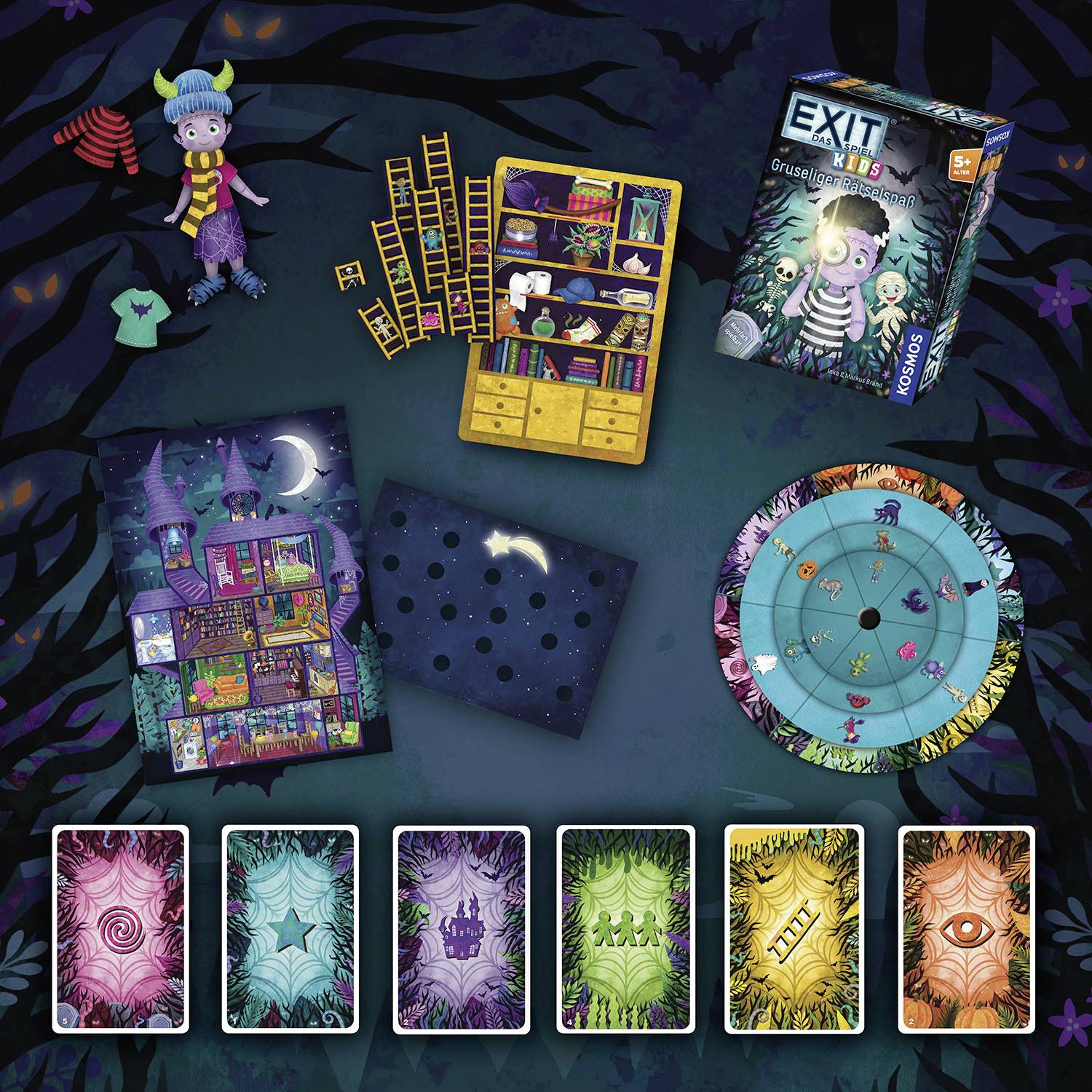 Un jeu de société avec une histoire d'horreur. Comprend des cartes, des figurines, des échelles, un plateau de jeu et un livre aux thèmes évocateurs.