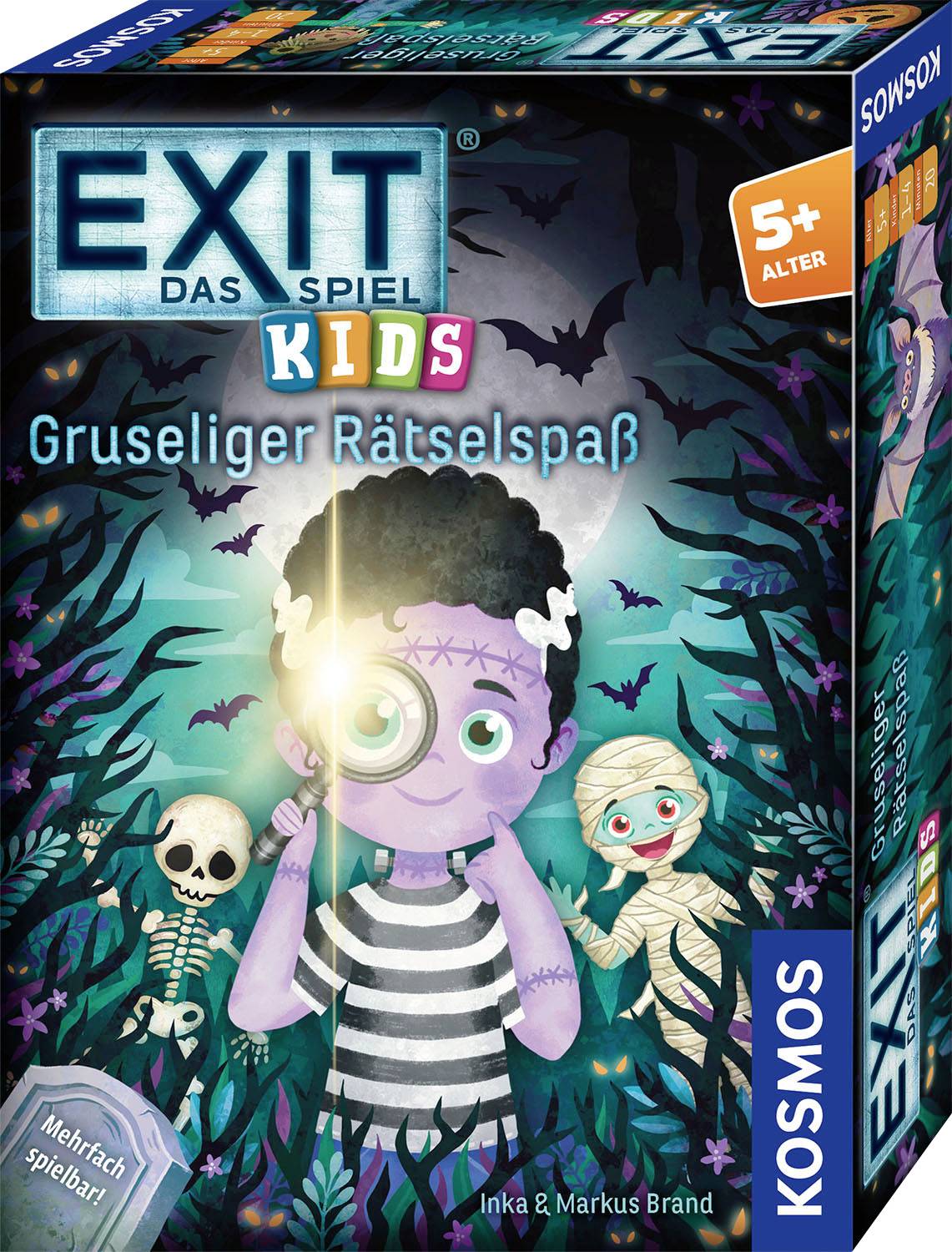 Boîte de jeu pour 'EXIT Le Jeu KIDS : Énigmes effrayantes'. Un enfant au centre, entouré de monstres. Recommandé à partir de 5 ans.