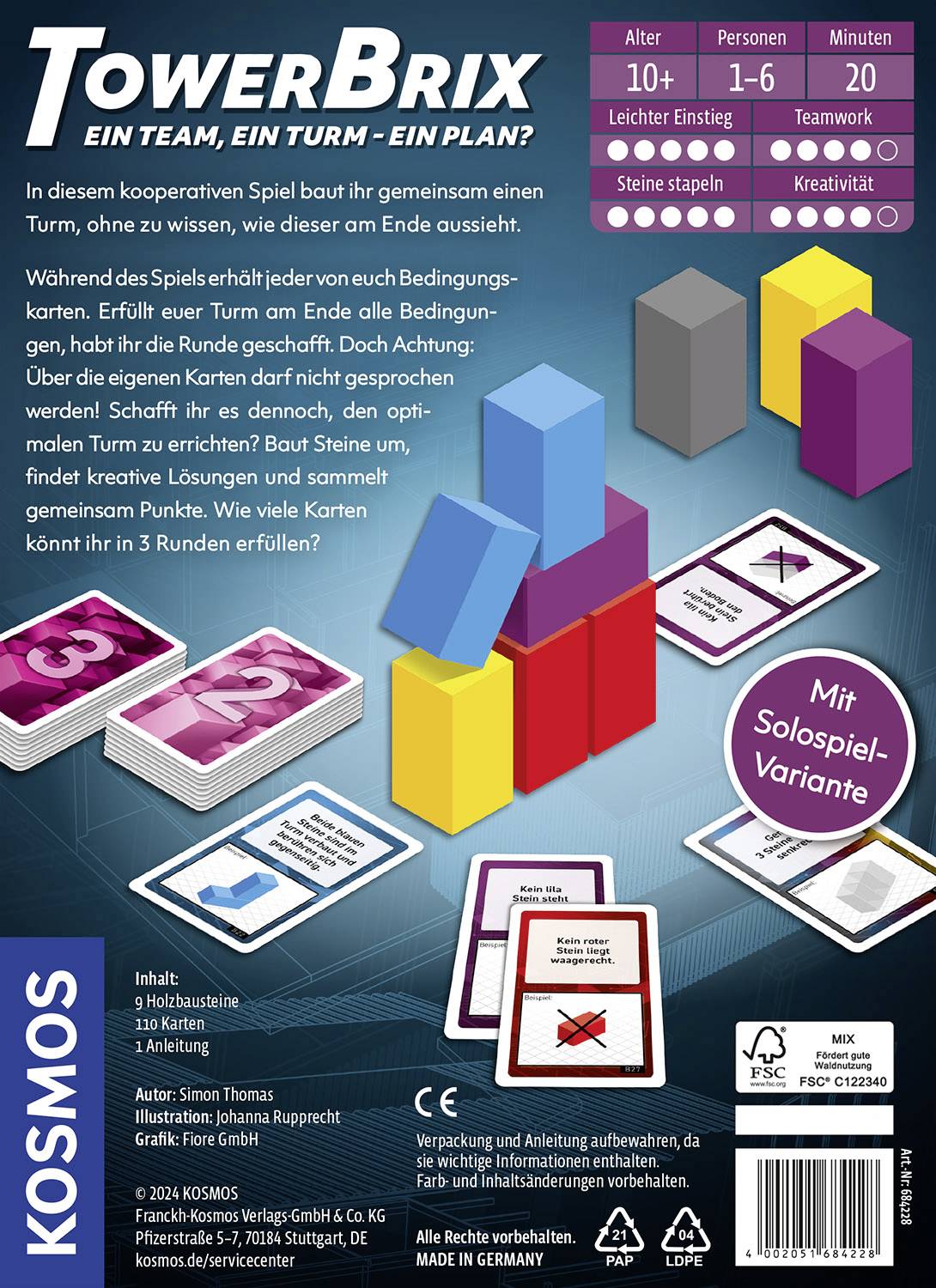 Jeu de plateau TowerBrix : Jeu coopératif pour 1-6 joueurs à partir de 10 ans. Objectif : Construire ensemble une tour et remplir les conditions.