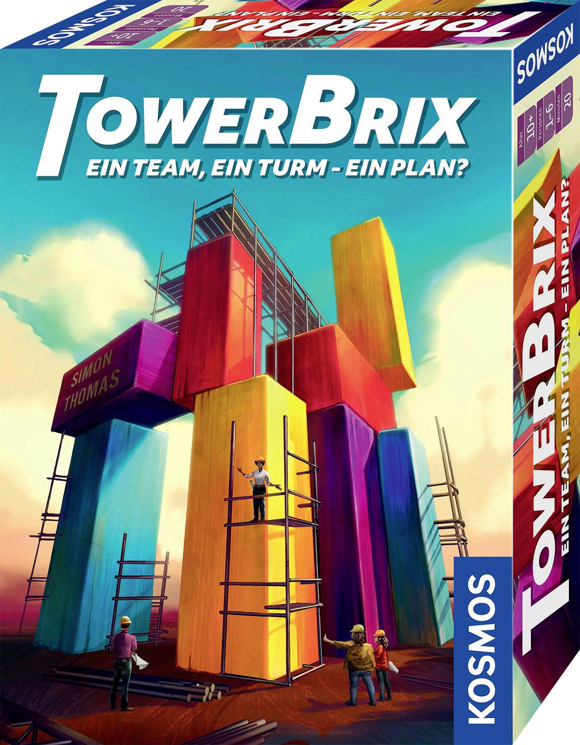 Spielbox 'TowerBrix'. Plusieurs ouvriers sur des blocs de tour colorés. Texte sur la boîte : 'Une équipe, une tour - un plan ?'.