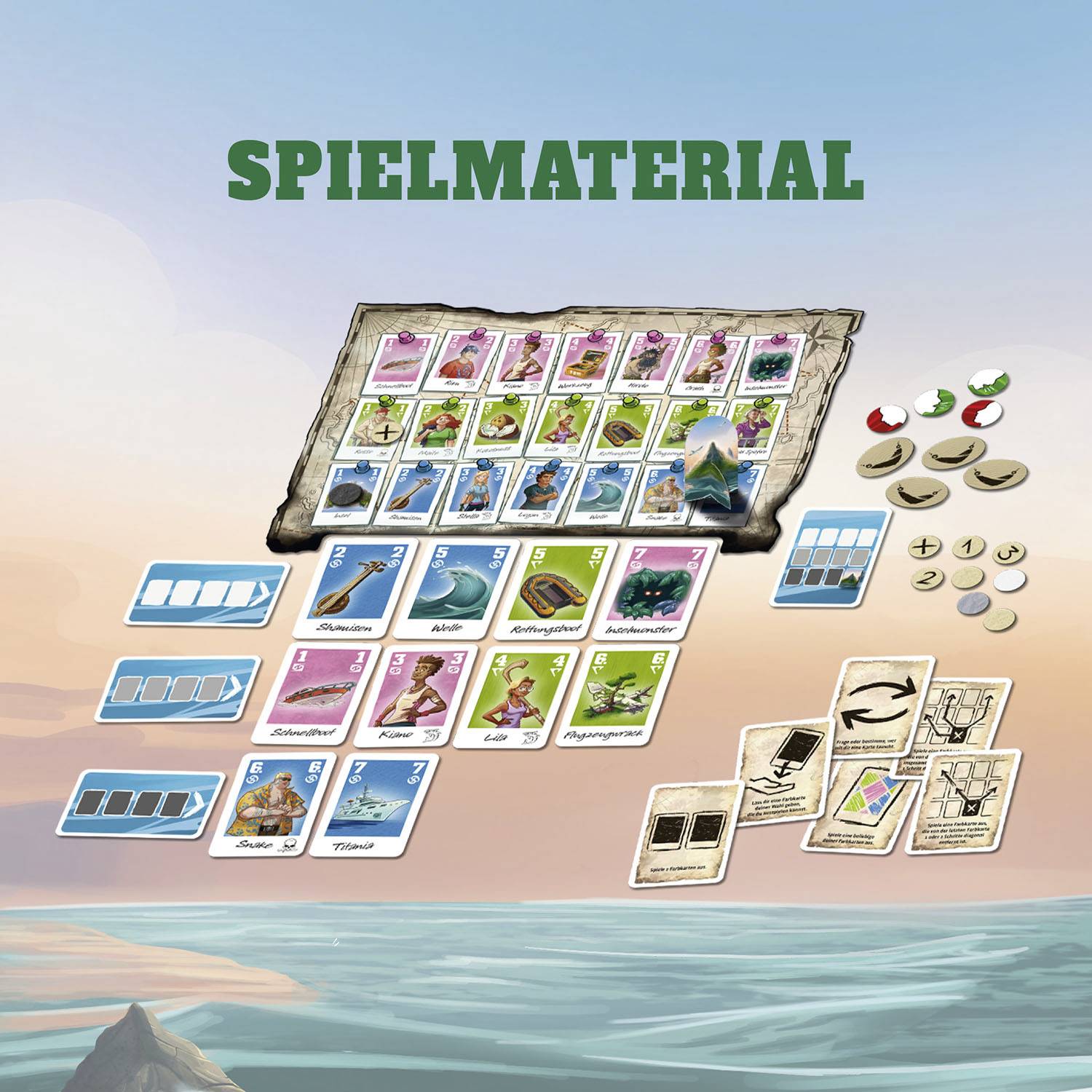 Matériel de jeu d'un jeu de société : cartes, marqueurs, jetons et pions disposés sur une surface de jeu.