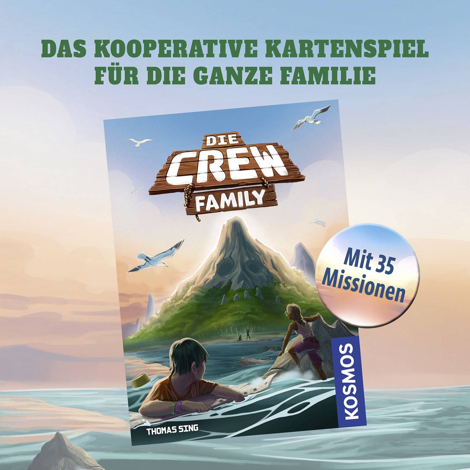 Emballage du jeu de cartes 'Die Crew Family', le promouvant comme un jeu coopératif familial avec 35 missions.