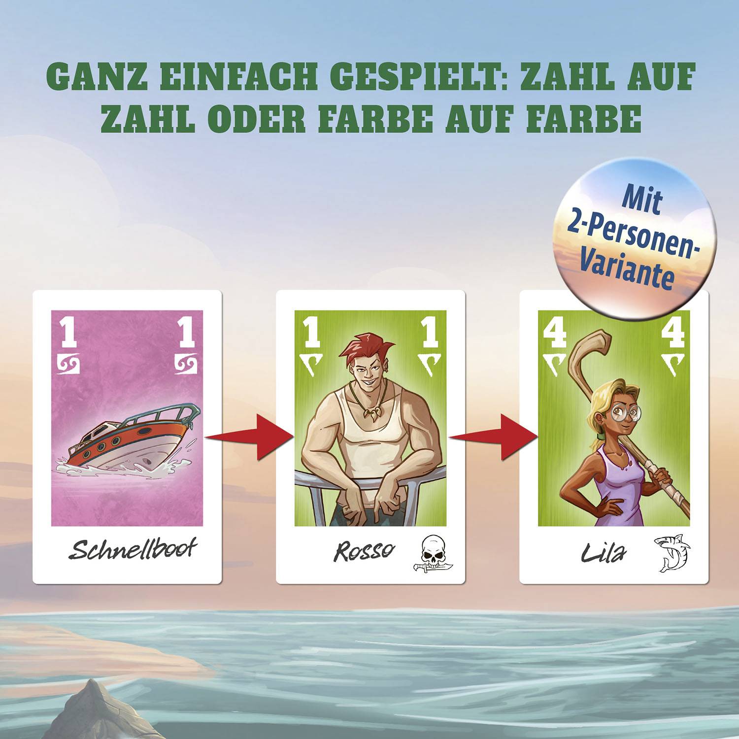 Joué simplement : Nombre sur nombre ou couleur sur couleur avec une variante à 2 joueurs, et trois cartes : Bateau rapide, Rouge, Violet.