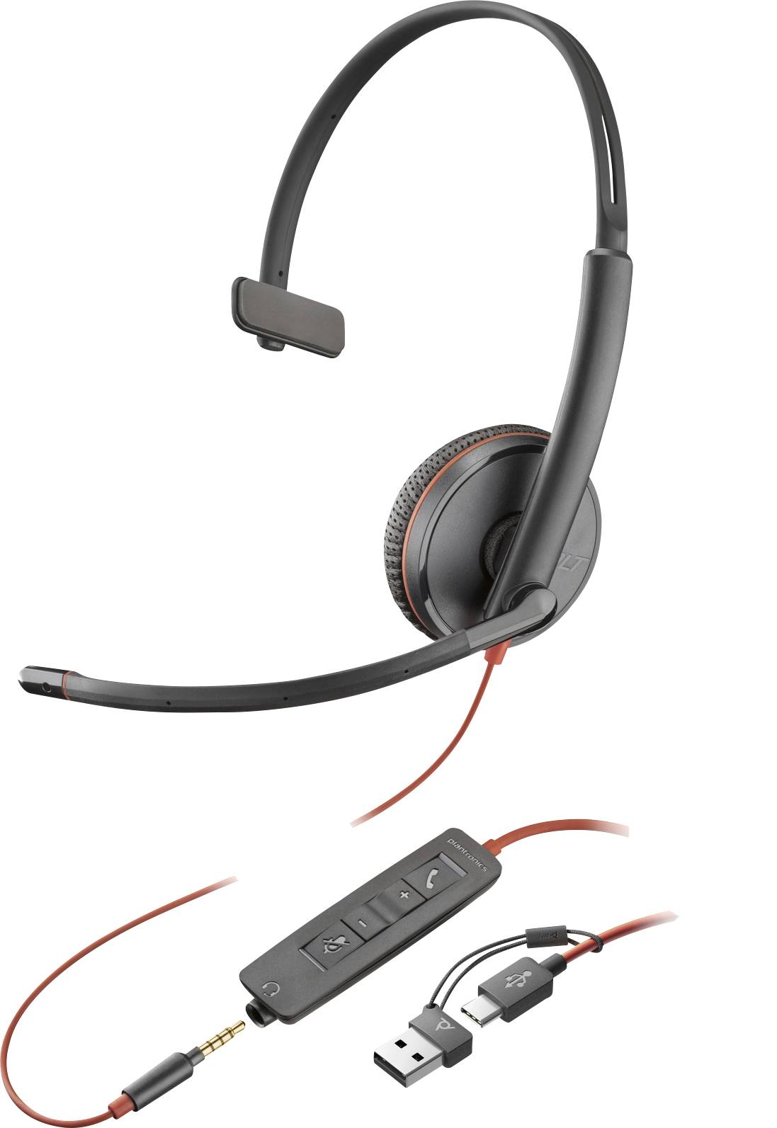Un casque noir avec perche microphone, câble rouge, commandes en ligne pour le volume et les appels, avec connecteurs USB et jack.