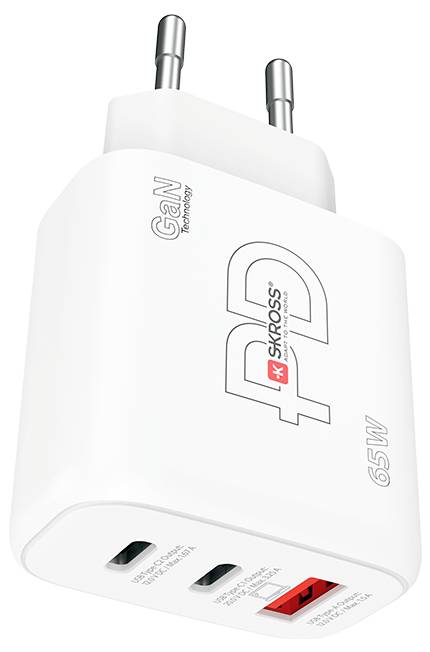 Un chargeur blanc compact avec deux ports USB-C et un port USB-A, d'une puissance de 65W, adapté pour une charge rapide.