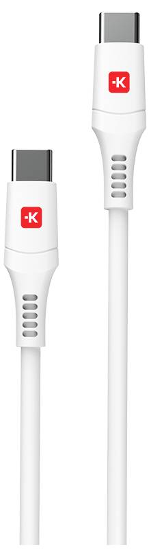 Deux câbles USB-C blancs avec des logos 'K' rouges sur les connecteurs, de longueurs différentes, sur un fond blanc.