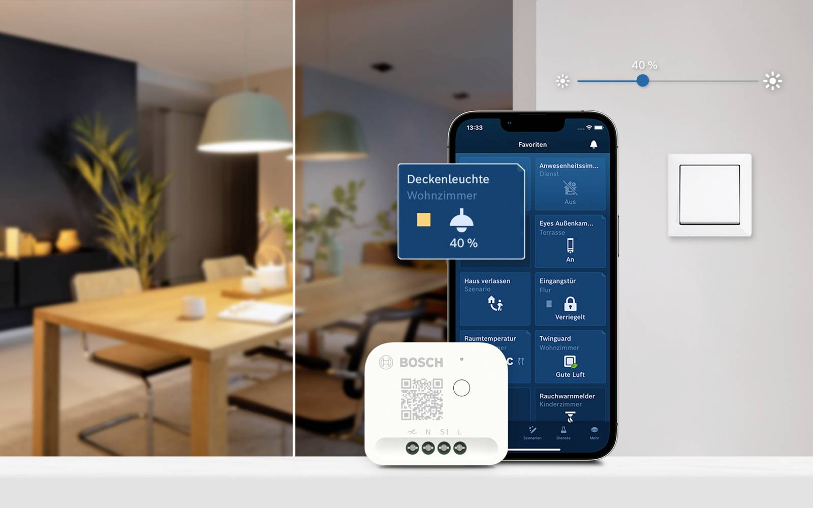 'Smartphone affiche une application de contrôle de l'éclairage dans le salon ; Lampe réglée à 40 % de luminosité. Appareils de commande sur la table et au mur.'