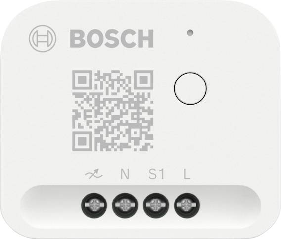 Un capteur Bosch avec un code QR et un bouton. En dessous, quatre bornes étiquetées '⏚', 'N', 'S1', 'L'.